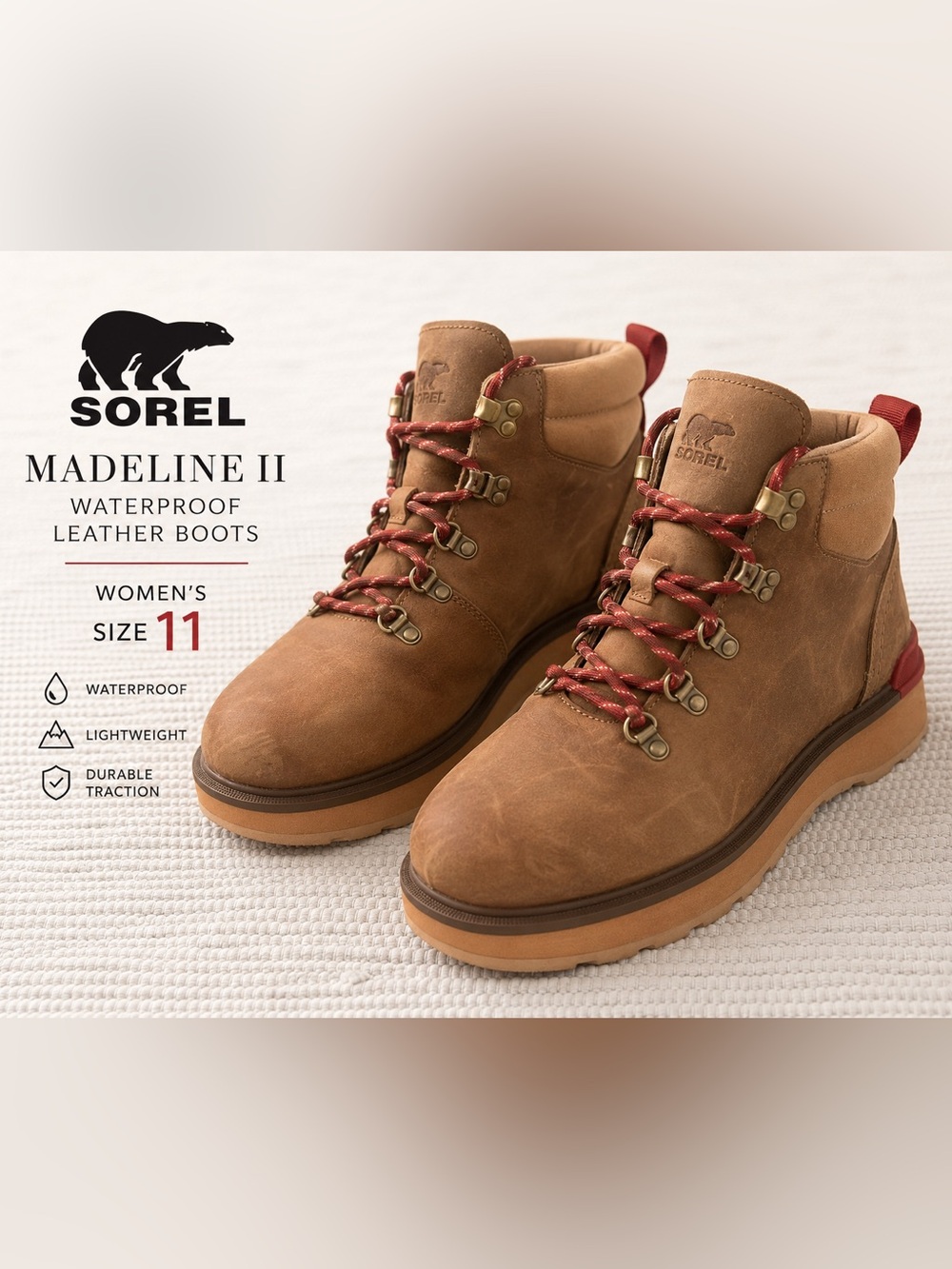 Sorel Madeline II Waterproof Leather Boots Tan Red Lace Women’s 11